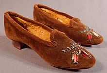Victorian Brown Velvet Chenille Embroidered Steel Cut Beaded Slipper Shoes 