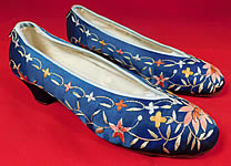 Vintage Antique Chinese Blue Silk Colorful Floral Lotus Embroidered Heel Shoes 


