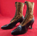 Vintage Unworn Victorian Two Tone Brown Cloth & Leather High Top Lace-up Boots
