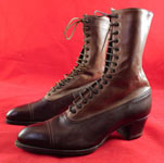 Victorian Unworn Two Tone Brown Leather High Top Lace-up Boots Cube Heels 
