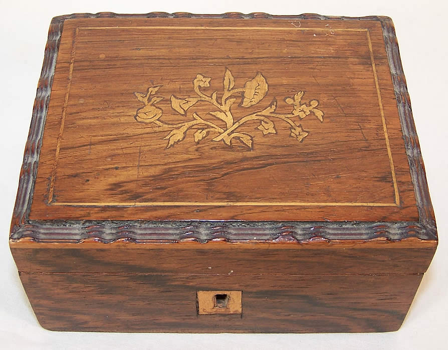 Antique Wooden Inlay Victorian Sewing Box Needlework Tools  Front view.