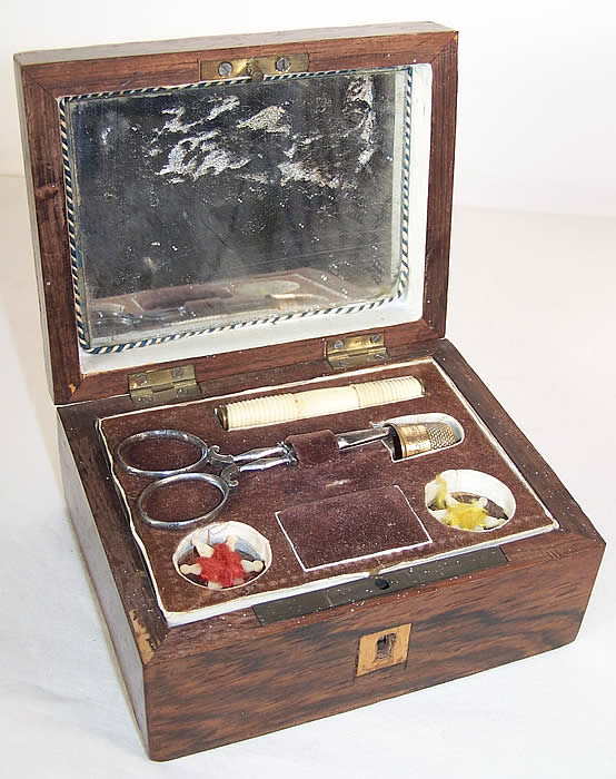 Antique Wooden Inlay Victorian Sewing Box Needlework Tools