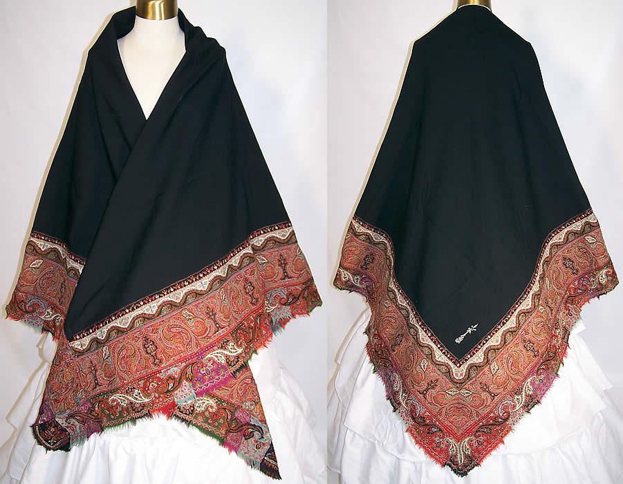 Antique Victorian Signed Kashmir Hand Woven Pieced Paisley Shawl