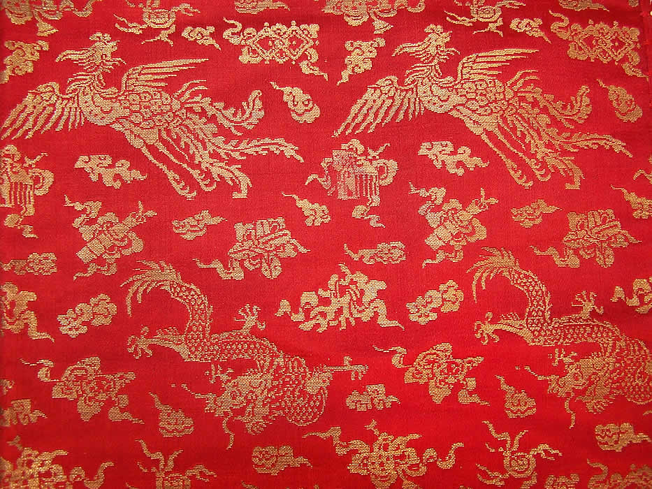 Antique Chinese Dragon Pheasant Red Gold Silk Brocade Tassel Tapestry Tablecloth