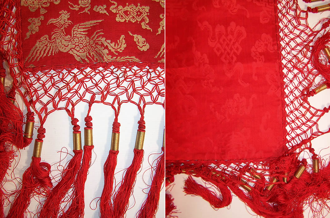 Antique Chinese Dragon Pheasant Red Gold Silk Brocade Tassel Tapestry Tablecloth two close up views