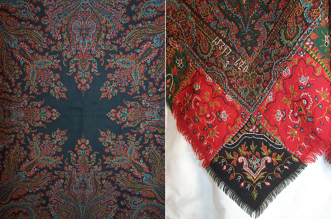 Antique Victorian Signed Kashmir Loomed Embroidered Pieced Paisley Shawl two close up views