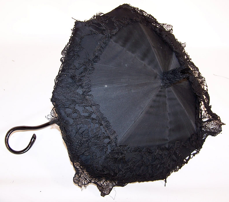 Victorian Civil War Black Silk Lace Ebony Folding Handle Marquis Mourning Parasol