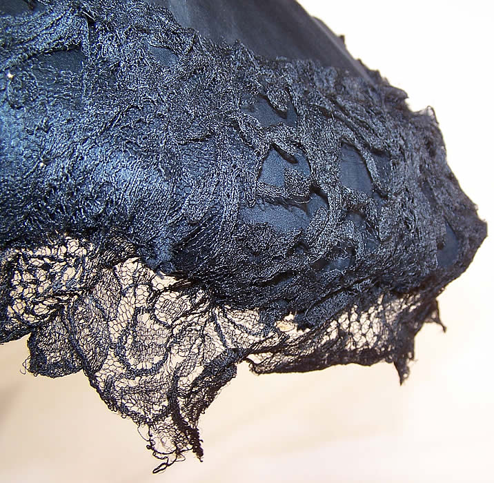 Victorian Civil War Black Silk Lace Ebony Folding Handle Marquis Mourning Parasol