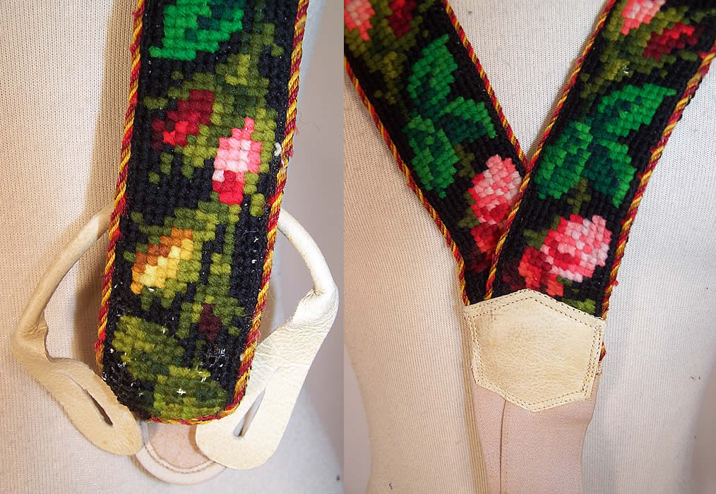 Victorian Gentlemen's Needlepoint Embroidered Suspenders Braces close ups