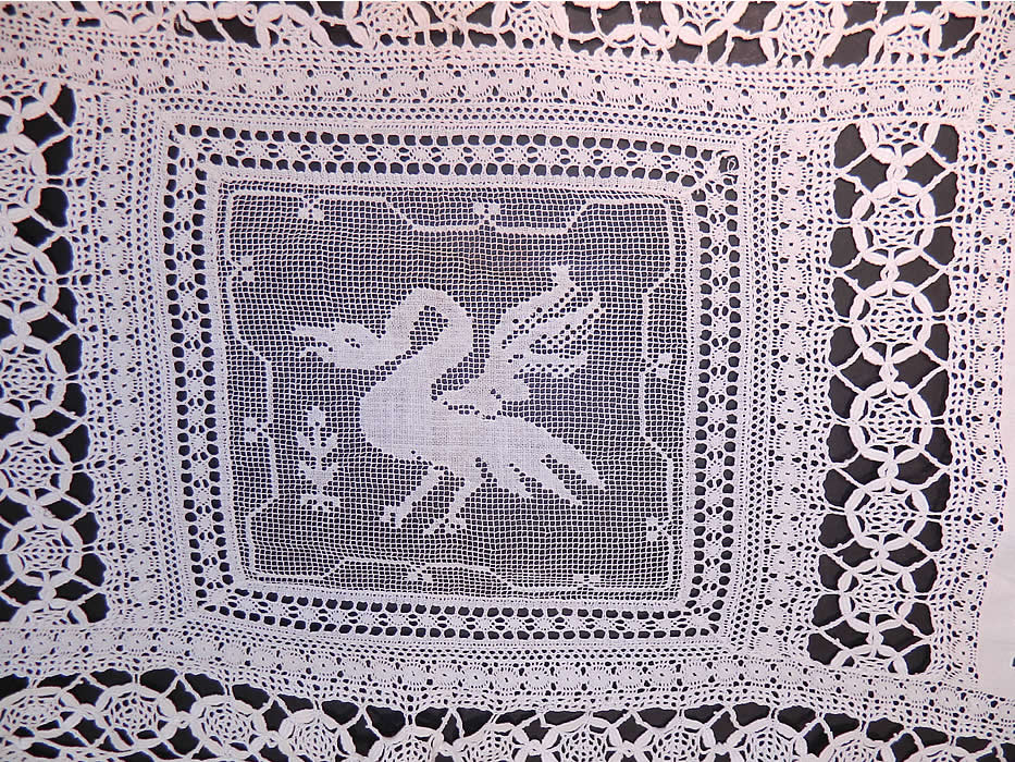 Victorian Antique Filet Bobbin Lace Renaissance Cupid Linen Cutwork Tablecloth. This lovely lace square cardtable size tablecloth table cover measures 52 by 52 inches.