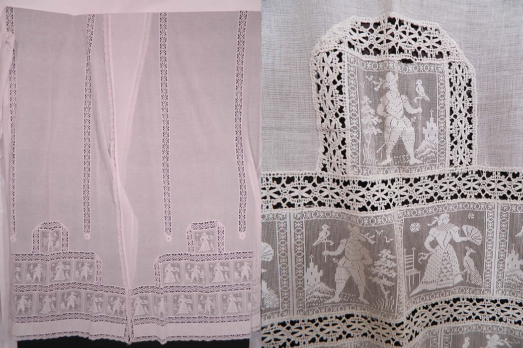 Victorian Antique White Figural Filet Lace Net Drapery Curtain Panel Pair. This Victorian era antique white figural filet lace net drapery curtain panel pair date from 1900.