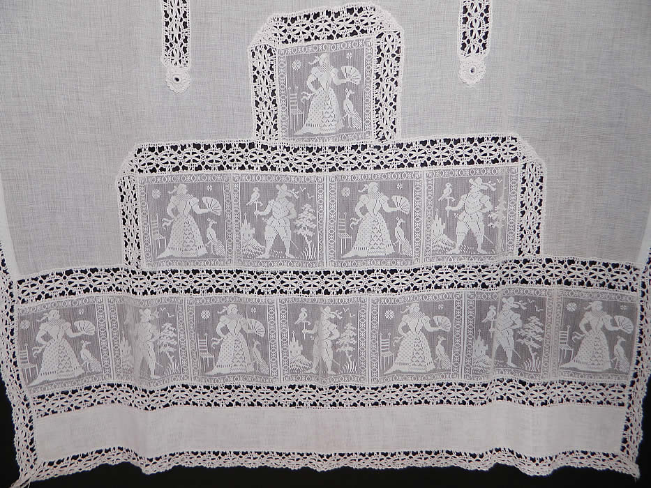 Victorian Antique White Figural Filet Lace Net Drapery Curtain Panel Pair. 
