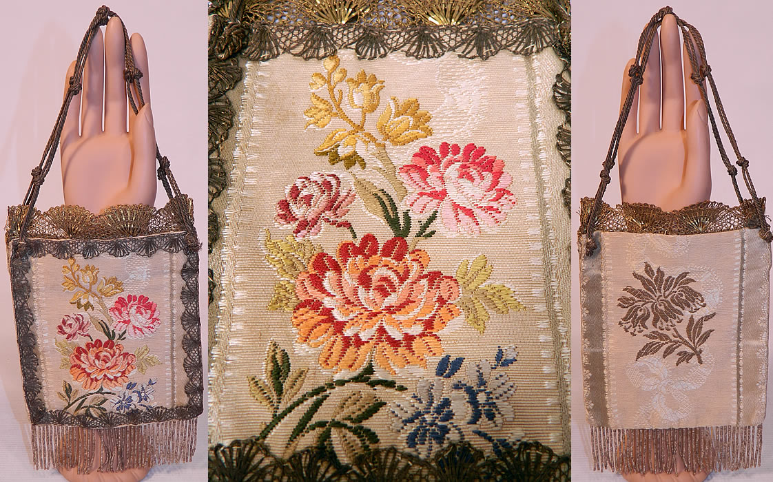 Antique 18th Century French Silk Damask Brocade Fabric Gold Lace Purse. This antique French silk damask brocade fabric gold lace purse dates from the late 18th century. It is hand stitched, made of a colorful woven silk damask brocade French fabric with a floral pattern design and gold metallic lace trim edging, a gold rope knotted strap handle on top, gold beaded fringe trim bottom and is fully lined in taupe color silk fabric inside.