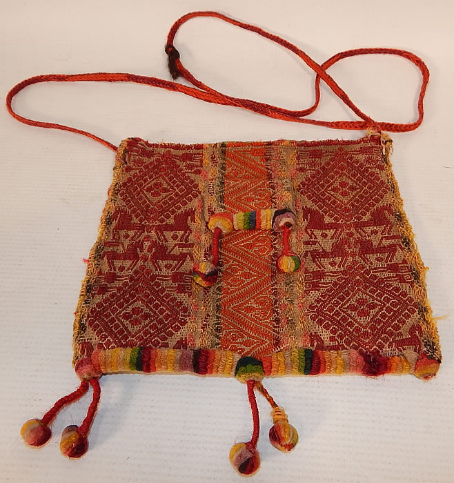 Antique Andean Bolivian Chuspa Coca Wool Weave Hand Loom Woven Horses Boho Bag
This vintage antique Andean Bolivian chuspa coca wool weave hand loom woven horses boho bag dates from the mid 19th century. It is made of a colorful natural dye wool weave fabric in prominent shades of red and orange, with a woven horse, geometric pattern and decorative designs. 