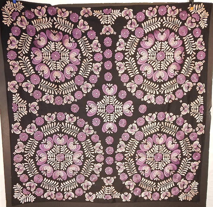 Antique Matyo Hungarian Folk Purple Embroidery Large Square Tablecloth
 This antique Hungarian Matyo folk purple embroidery large square tablecloth dates from the 1920s. It is made of a heavy black silk fabric background covered with varying shades of purple silk threads done in raised padded satin stitch Matyo embroidery work.