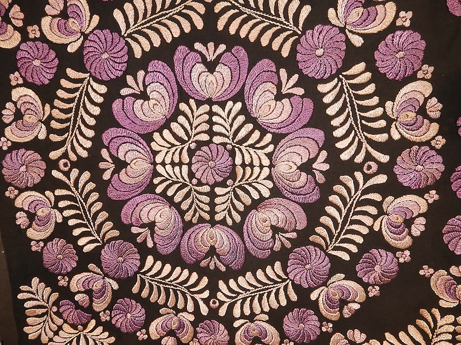 Antique Matyo Hungarian Folk Purple Embroidery Large Square Tablecloth
 There is a floral vine leaf design densely embroidered onto the fabric in circular pattern designs. 