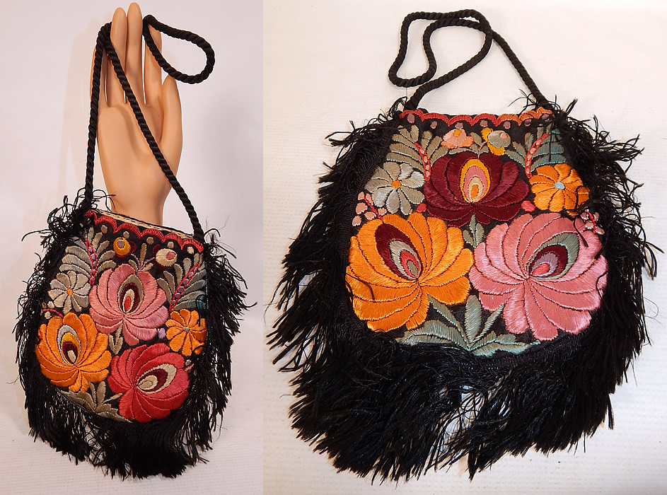 Vintage Matyo Hungarian Folk Embroidery Colorful Floral Fringe Boho Purse
This vintage antique Hungarian Matyo folk embroidery colorful floral fringe boho purse dates from the 1920s. It is hand stitched, made of a black linen fabric completely covered with vibrant colorful silk threads done in raised padded satin stitch Matyo embroidery work. 