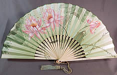 Art Nouveau Asian Hand Painted Paper Lotus Flower Sequin Pleated Folding Fan
