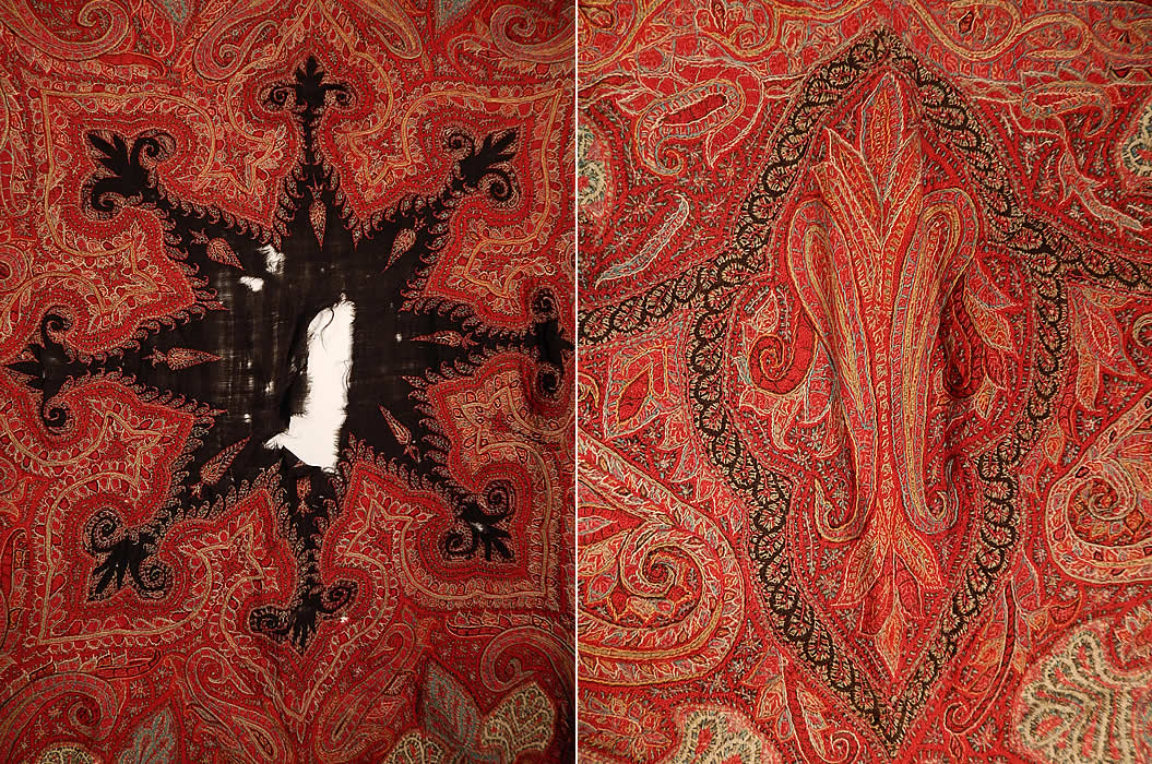 Victorian Antique Kashmir Hand Woven Wool Embroidered Pieced Paisley Shawl
This stunning shawl has exquisite workmanship and detail which is all hand embroidered and pieced together by hand in a patchwork of small pieces creating a paisley pine cone shaped tear drop motif known as the boteh and floral leaf designs. 