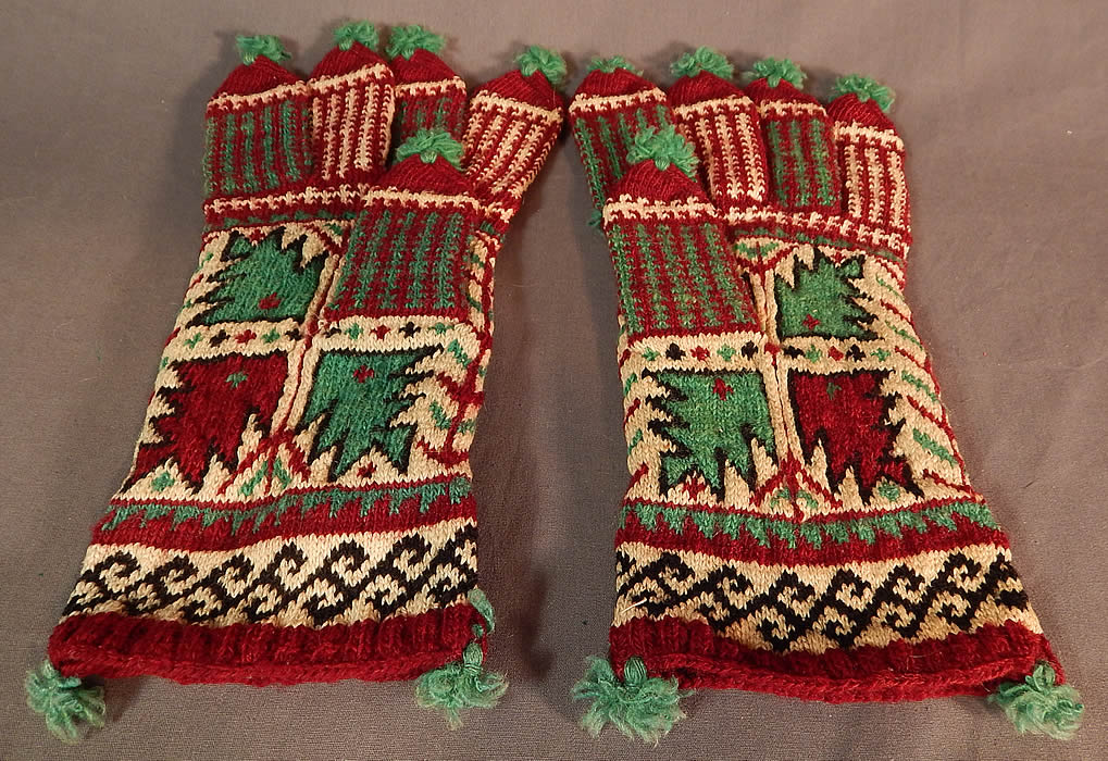 Vintage Antique Turkish Colorful Ethnic Hand Knit Wool Winter Gloves 
These wonderful winter wool gloves mittens have a decorative green pompom on top of each finger and at the wrist. These large size mens gloves measure 12 inches long, with 3 1/2 inch long fingers and is 4 1/2 inches wide at the wrist.