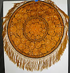 Antique Matyo Hungarian Folk Embroidery Yellow Floral Fringe Round Tablecloth
