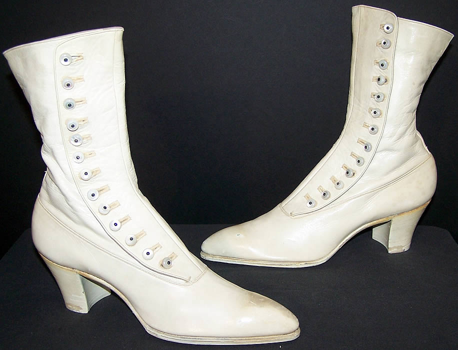 Unworn Victorian White Leather High Top Button Boots  Front view.