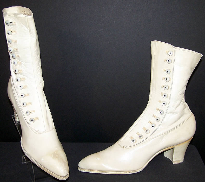 Unworn Victorian White Leather High Top Button Boots