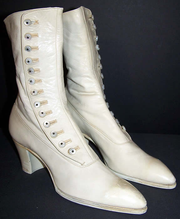 Unworn Victorian White Leather High Top Button Boots