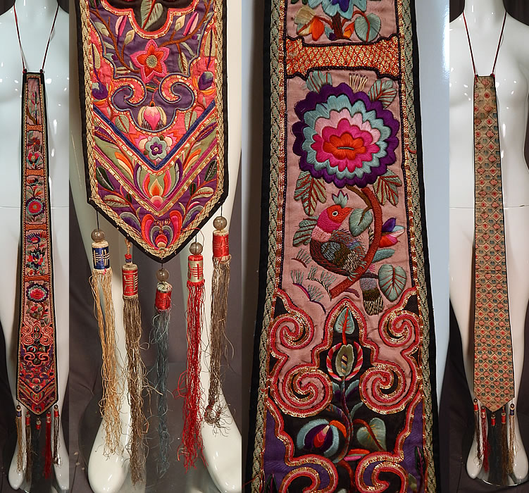 Antique Chinese Silk Embroidery Gold Couching Robe Panel Scarf Tassel Trim
This antique Chinese silk embroidery gold couching robe panel scarf tassel trim dates from the 1920s. It is made of colorful silk fabric appliqué pieces with raised padded satin stitch hand embroidery work of birds, butterflies, flowers and gold metallic thread couching work accents, which tiny red stitches hold the couching work together giving it a contrasting copper color appearance. 