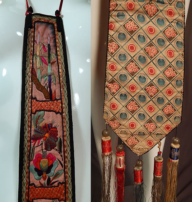 Antique Chinese Silk Embroidery Gold Couching Robe Panel Scarf Tassel Trim
There are colorful silk tassels with blown glass clear beads hanging down from the bottom end. This lovely long lappet scarf style panel might have been used as trimming on a robe, skirt or wall hanging. It has a long narrow tapering style, wider at the bottom, backed in a colorful cotton print fabric, has tassel trim on the bottom and black silk trim edging with knotted buttons at the top for attaching. It measures 41 inches long, with an additional 11 inch long tassel trim and is 5 1/2 inches wide at the bottom 2 inches wide at the top. It is in good as-is condition, missing one glass bead and has some black dye discoloration bleeding at the top (see close-ups). 