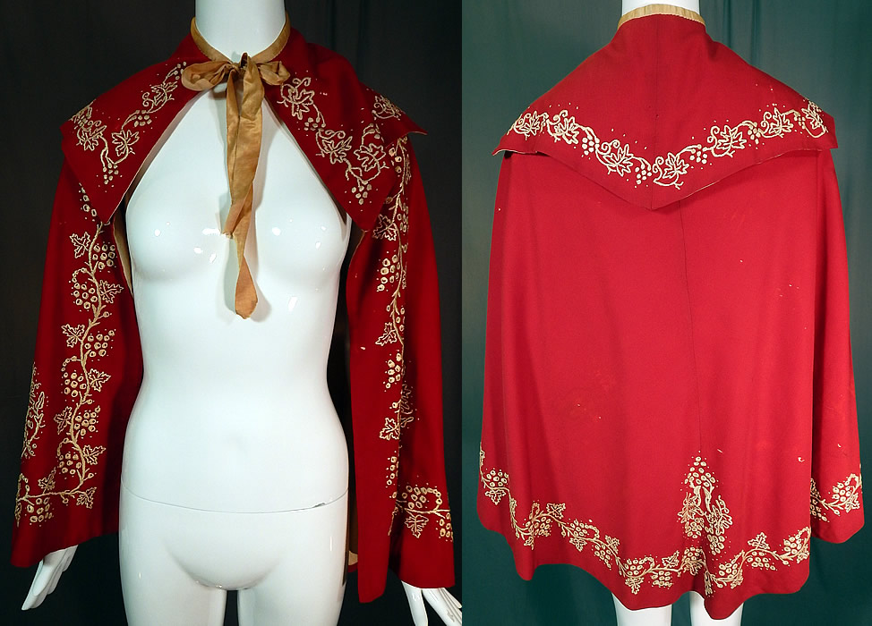 Victorian Red Wool White Embroidered Grape Vine Leaf Winter Cloak Cape
This antique Victorian era red wool white embroidered grape vine leaf winter cloak cape dates from 1900. It is made of a red fine wool fabric, with white raised padded satin stitch hand embroidered grape vine leaf designs edging it.