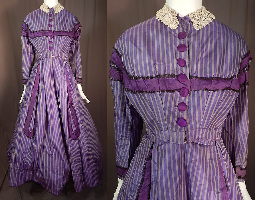 Victorian Civil War Purple Lavender Stripe Silk Hoop Skirt Train Ball Gown Dress
This antique Victorian Civil War era purple lavender stripe silk hoop skirt train ball gown dress dates from the 1860s.
