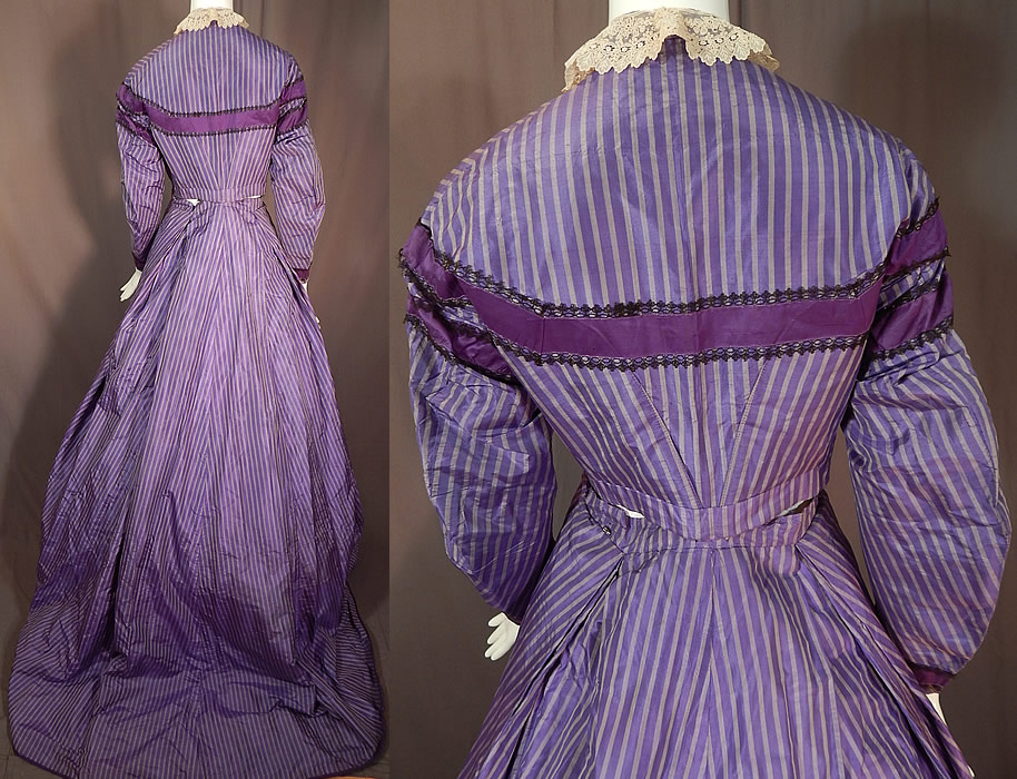 Victorian Civil War Purple Lavender Stripe Silk Hoop Skirt Train Ball Gown Dress
This beautiful ball gown two piece dress has a short crop bodice top, with long full sleeves, silk covered buttons front closure, additional hooks underneath the waistband to attach to the skirt and is fully lined with cotton padding bust enhancers sewn inside. The top measures 15 inches long, with a 38 inch bust, 26 inch waist, 19 inch long sleeves and 18 inch back. There is a matching fabric long floor length full hoop skirt (hoop not included) with long back train, which can be shortened from underneath with underpinning hook attachments, hook closures on the back waistband and is fully lined in a brown cotton fabric. The skirt measures 42 inches long in the front, 60 inches long in the back, with a 28 inch waist. 