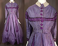 Victorian Civil War Purple Lavender Stripe Silk Hoop Skirt Train Ball Gown Dress
