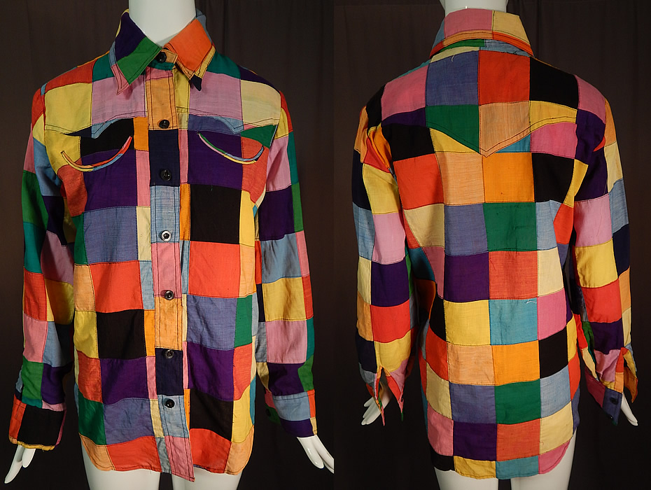 Vintage Like Me Authentic Hand Woven India Madras Patchwork Womens Shirt Blouse
This vintage Like Me authentic hand woven India Madras patchwork womens shirt blouse dates from the 1970s. It is made of hand woven colorful cotton Madras fabrics done in a patchwork of squares design.