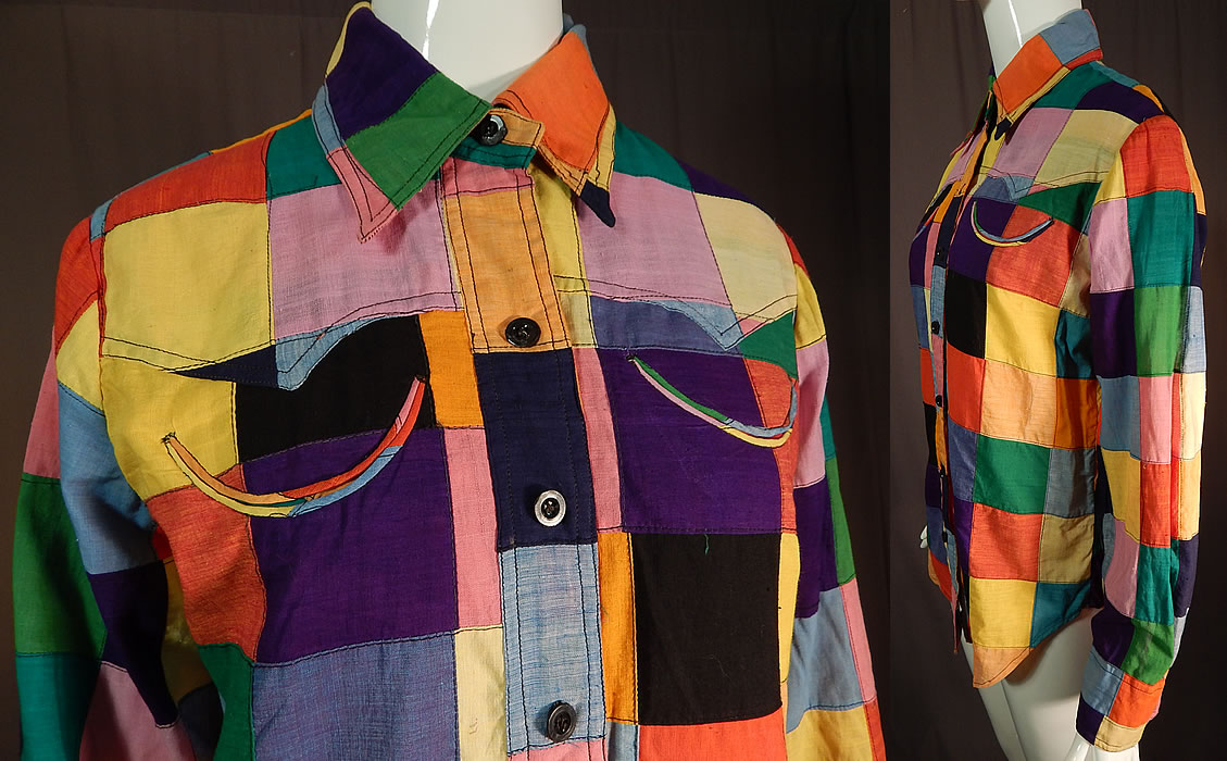 Vintage Like Me Authentic Hand Woven India Madras Patchwork Womens Shirt Blouse
This womens colorful boho blouse button down shirt has a fold over collar, long sleeves with button cuffs, half circle, smiley face breast pockets and is unlined.