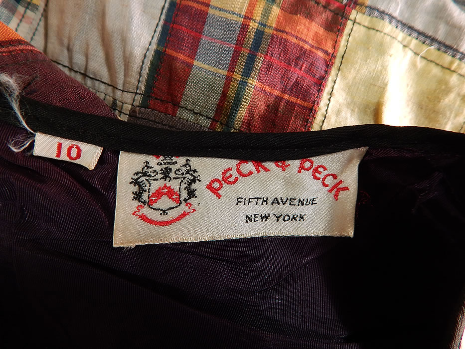 Vintage Peck & Peck Fifth Ave NY Imported India Madras Patchwork Shift Dress
There is a Peck & Peck Fifth Avenue New York" and "Imported India Madras" labels size 10 tag sewn inside. The dress measures 41 inches long, with a 36 inch bust, 34 inch waist and 38 inch hips. 