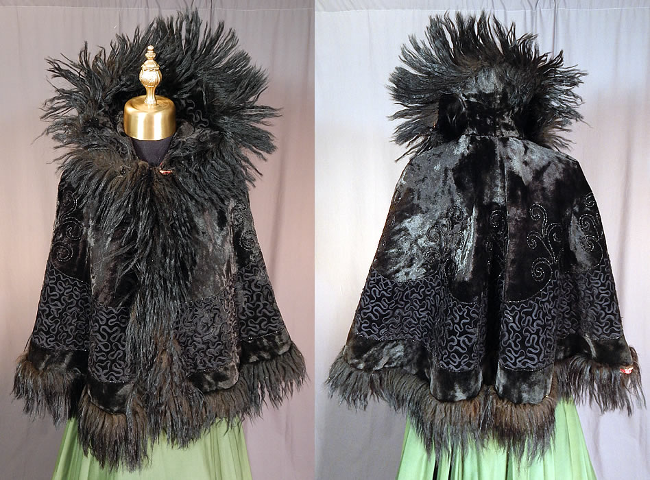 Victorian Black Plush Velvet Jet Beaded Soutache Fur Trim Winter Cloak Cape
It is made of a heavy black plush velvet fabric, with jet beading, black soutache work raised trim done in decorative spiral scrolling designs and a black fur trim edging. 