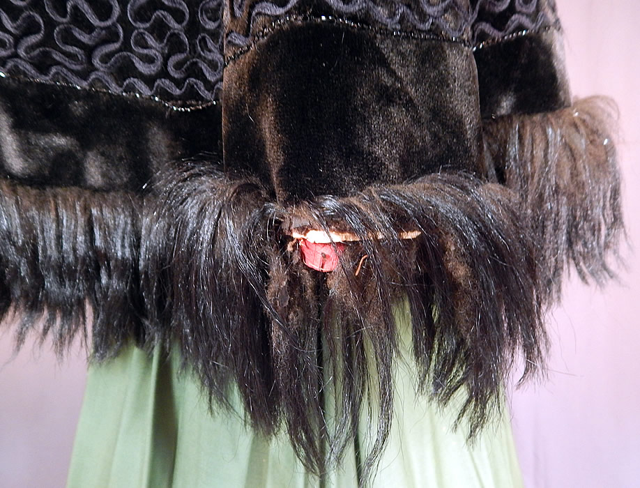 Victorian Black Plush Velvet Jet Beaded Soutache Fur Trim Winter Cloak Cape
It is in good condition, with only some loose missing beading and fur trim (see close-up). This is truly a wonderful piece of antique Victoriana winter mourning wearable art! 