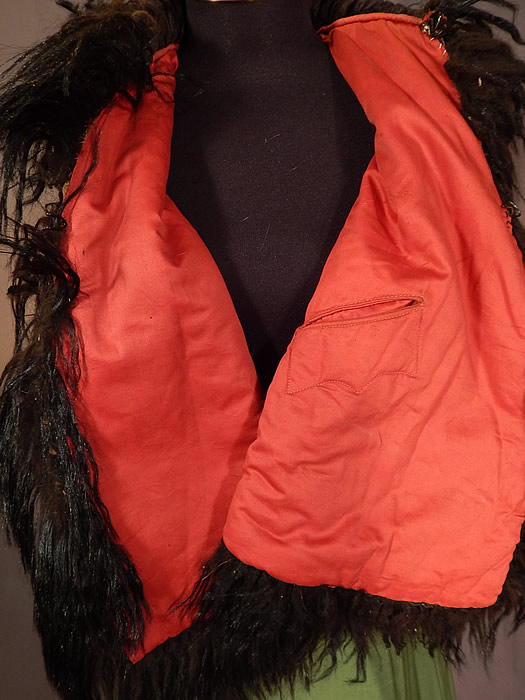 Victorian Black Plush Velvet Jet Beaded Soutache Fur Trim Winter Cloak Cape
This beautiful black beaded winter cloak cape has a shawl style collar which can be worn folded up or down, with hook closures on the front and is fully lined in a contrasting red cotton fabric with an inside breast pocket.