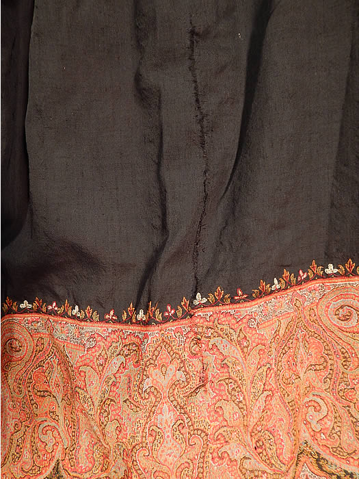 Victorian Antique Wool Signed Kashmir Paisley Shawl Collar Cloak Cape
It is in good as-is condition, with several small holes, mostly on the black back center and a mended repair on the bottom back (see close-up).