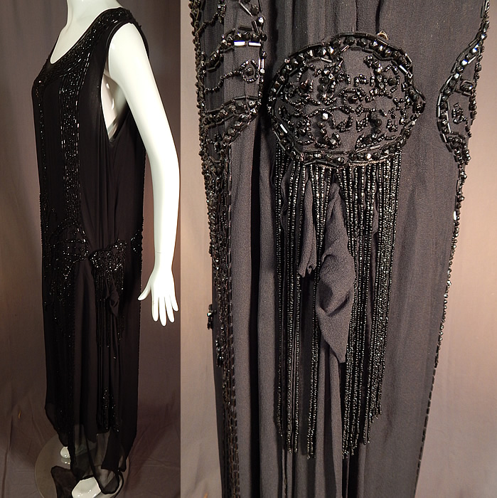 Vintage Art Deco Black Silk Beaded Butterfly Fringed Flapper Dress
There are black beaded medallions and fringe along the sides. This fabulous flapper dress evening gown has a loose fitting, drop waist, straight shift style, sleeveless, beaded rounded scoop necklines and is fully lined with a black silk slip lining sewn inside.