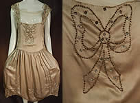 Vintage Gray Silk Rhinestone Silver Beaded Bow Handkerchief Hem Flapper Dress
