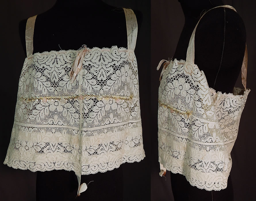 Vintage Bien Jolie Brassiere White Filet Lace Rosette Camisole Bra Bandeau Top
This vintage Bien Jolie Brassiere white filet lace rosette camisole bra bandeau top dates from 1920. It is made of a patchwork of a sheer white cotton filet lace fabric, with pastel silk rosette ribbon work trim edging the front.