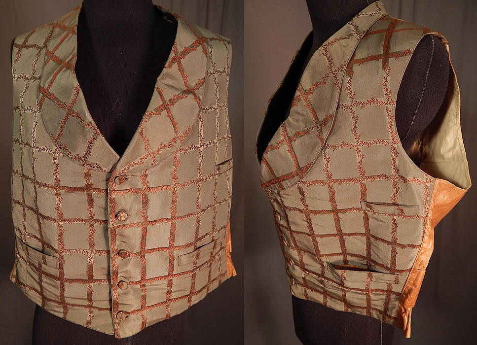 Victorian Gentleman's Grid Lattice Trellis Vine Silk Damask Brocade Waistcoat Vest
This dapper gentleman's waistcoat vest has a rounded fold over lapel collar, three front pockets and silk fabric covered buttons for closure on the front and is fully lined in white cotton fabric with an inside breast pocket. The vest measures 19 inches long, with a 40 inch chest and 32 inch waist.