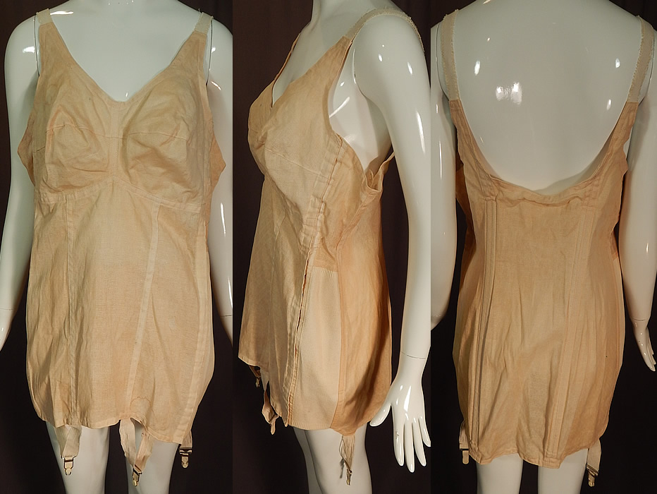 Unworn Vintage Roaman's Plus Size 40 Corselet Girdle Garters NWT
This unworn vintage Roaman's plus size 40 corselet girdle garters dates from the 1950s. It is made of a pale peachy flesh color cotton mesh weave woven fabric. 