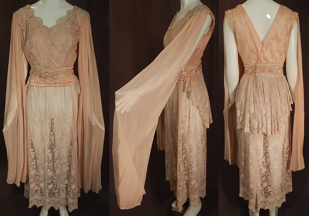 Vintage Pink Net Tambour Embroidery Lace Dress Kimono Sleeve Blouse & Skirt
This vintage 1930s inspired pink net tambour embroidery lace dress kimono sleeve blouse and skirt dates from the 1980s. It is made of a patchwork variety of antique lace fabrics and trims, with a pale pink sheer net lace fabric fine tambour stitch embroidery work done in a floral vine leaf pattern design.