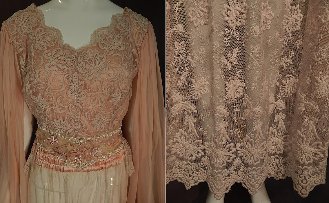 Vintage Pink Net Tambour Embroidery Lace Dress Kimono Sleeve Blouse & Skirt
There is a sheer net, pink embroidered, white beaded trim belted waist on the top. This pretty in pink beautiful boho two piece dress has a peplum skirted back blouse, with an embellished beaded belt trim waist, long exaggerated kimono sleeve sheer pink chiffon drape panels, snap, hook closures on the V back and is fully lined.