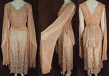 Vintage Pink Net Tambour Embroidery Lace Dress Kimono Sleeve Blouse & Skirt
