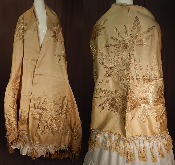 Vintage Art Nouveau Silk Silver Gold Lamé Embroidered Piano Shawl Scarf Stole Wrap
This vintage Art Nouveau silk, silver, gold lamé embroidered piano shawl scarf stole wrap dates from 1910. It is made of an off white ivory cream color fine silk fabric, with silver and gold metallic lamé thread embroidered abstract floral leaf design.